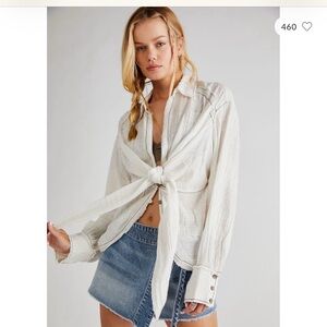 Free People Cream Button-Down Tie Shirt